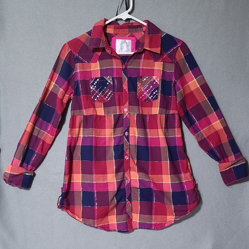 JUSTICE Girl's Plaid‎ Long Sleeve Tunic Top Shirt Multicolor - Size 16